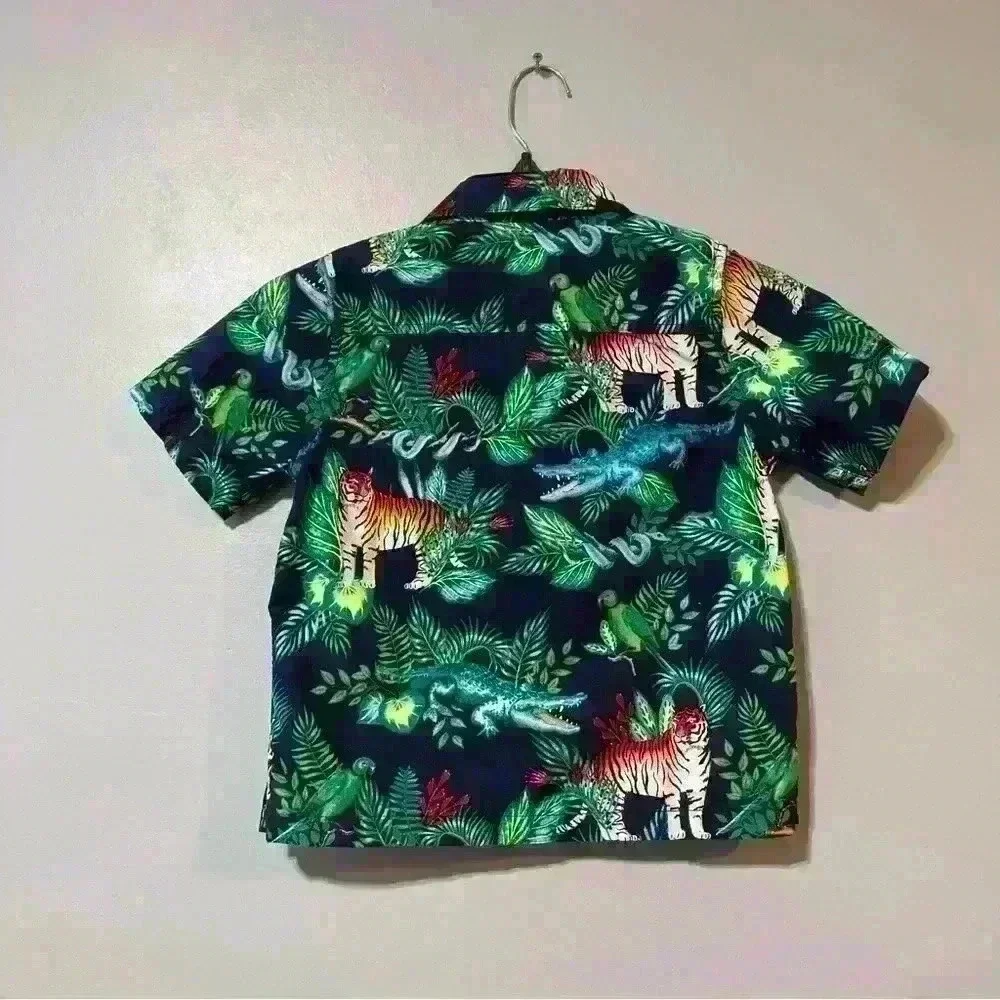 Children Place Jungle Animal Safari Print Cotton Button Front Shirt Size 5/6 S/P